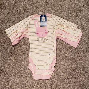 5pk Bunny Princess Long Sleeve Bodysuits, Gerber Onesies, Baby Girls 6-9 months